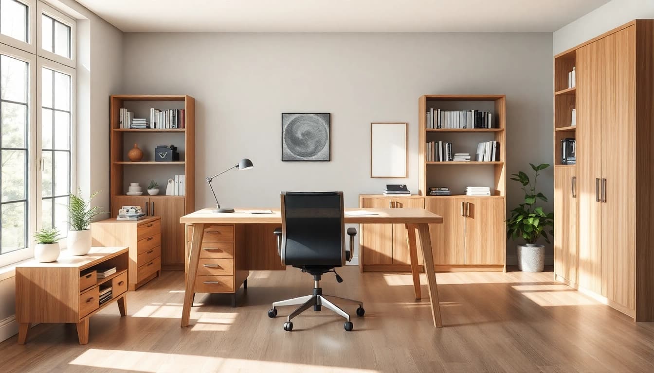 Moderne Büromöbel in einem stilvollen, hellen Büro mit eleganten Holz- und Stuhlelementen.