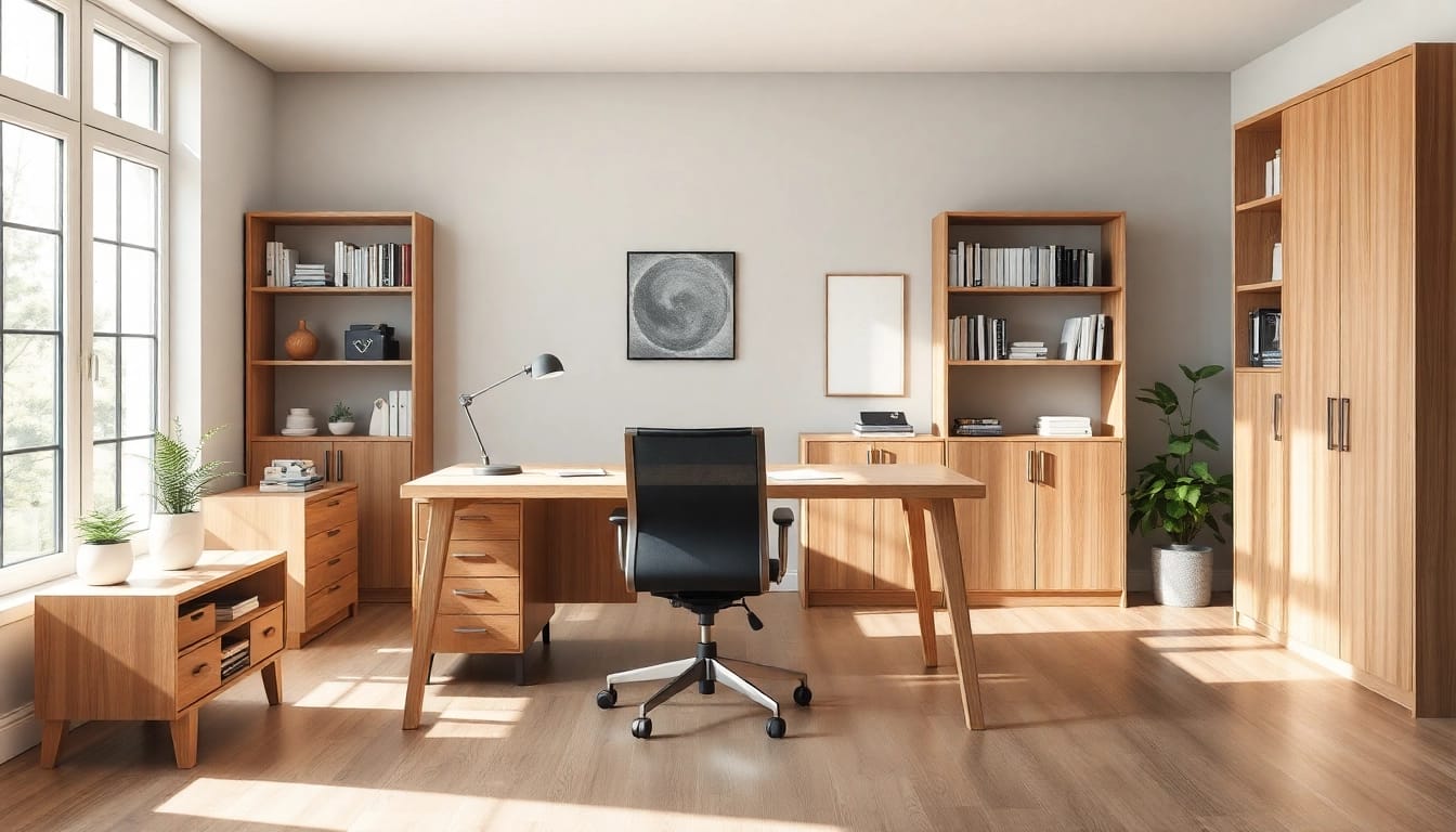 Moderne Büromöbel in einem stilvollen, hellen Büro mit eleganten Holz- und Stuhlelementen.