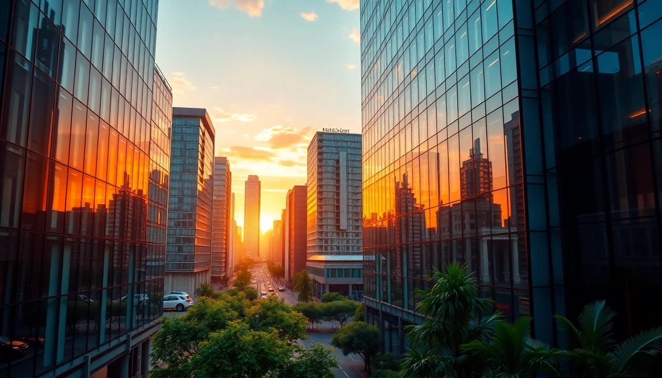 Professionelle 3d visualisierung eines modernen Stadtbilds mit gläsernen Fassaden und urbanem Flair