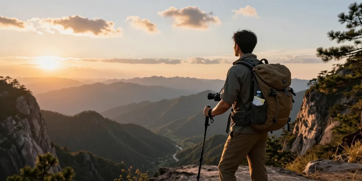 Traveler gazing at a stunning view during sunset, exploring rokok88 alternatif destinations in nature.
