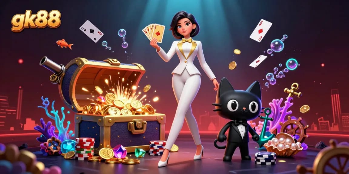 Experience thrilling wins with gk88 as a glamorous dealer showcases poker mastery in a vibrant casino.