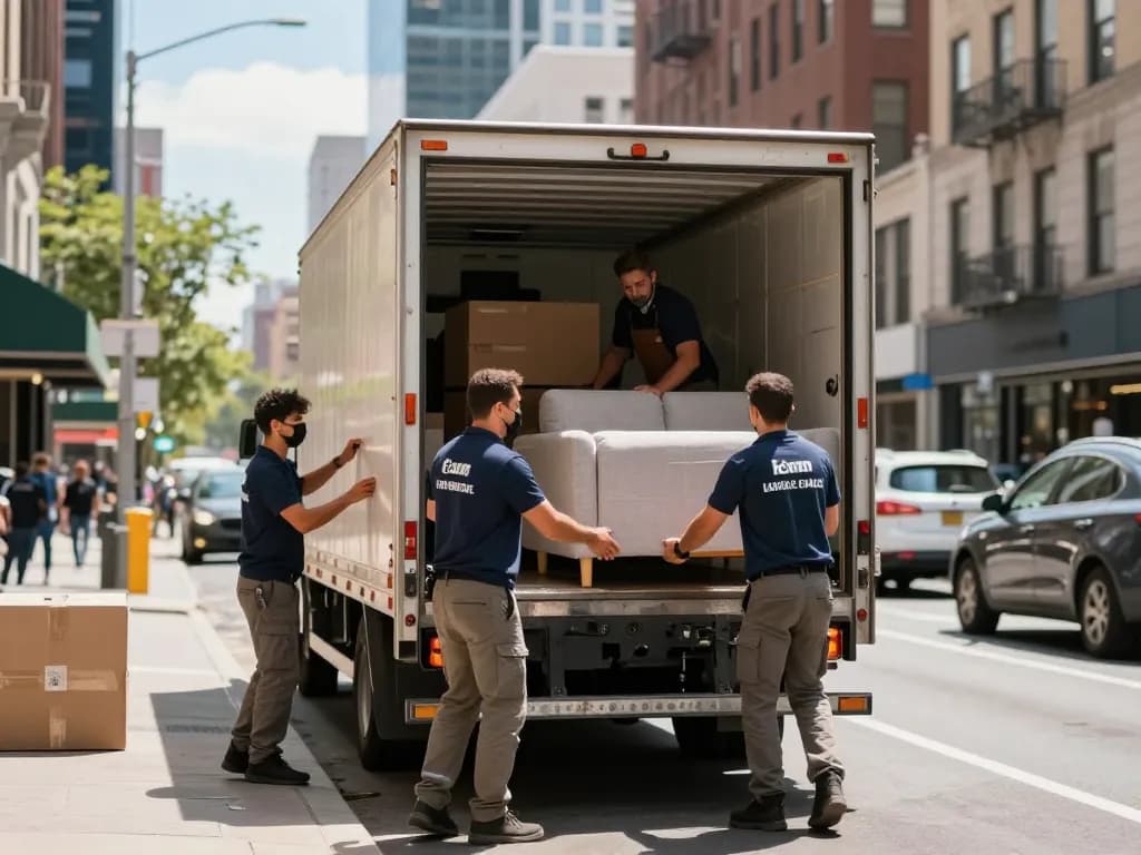 Effizientes Team von Umzugshelfern eines Umzugsunternehmens Hannover, das ein Sofa und Kartons in einer belebten Stadtstraße transportiert.