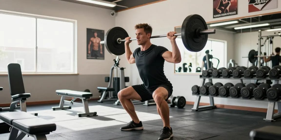 Anabolika Shop: Athlet im Fitnessstudio beim Gewichtheben, umgeben von Trainingsgeräten und motivierenden Postern.