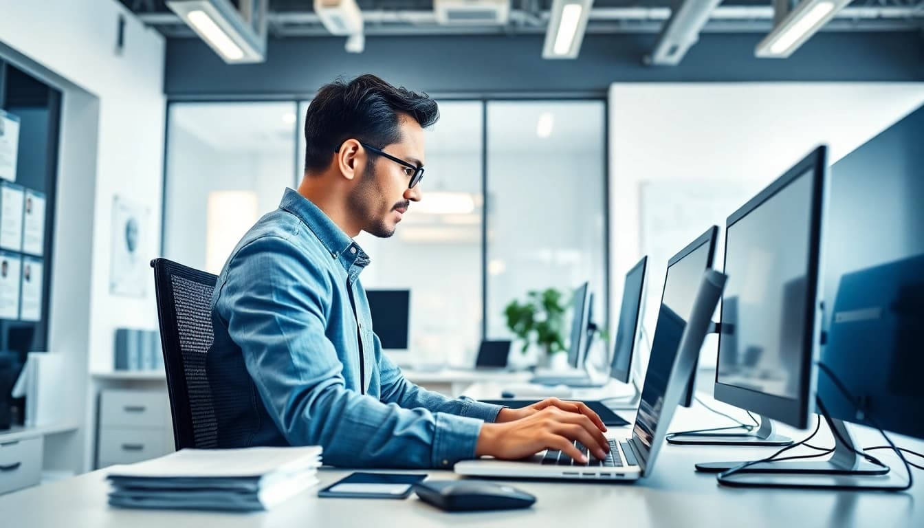 Headhunter IT bei der Arbeit in einem modernen Büro, konzentriert auf die Rekrutierung von Talenten.