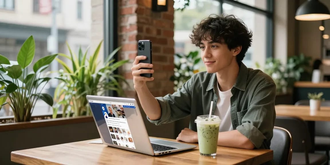 Facebook Follower kaufen: Influencer in modernem Café mit Laptop und Smartphone.