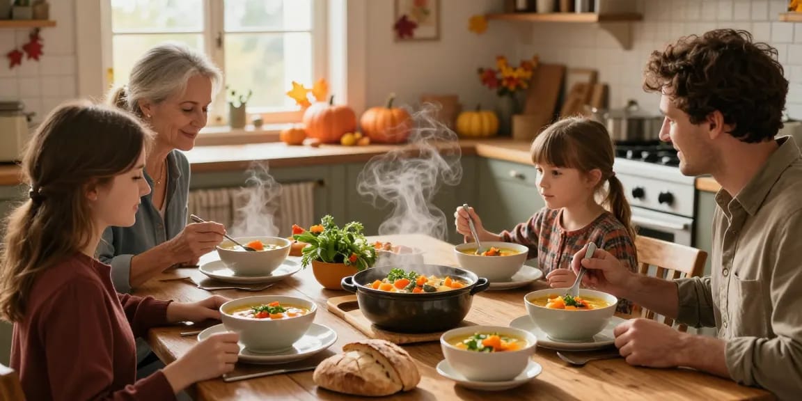 Genießen Sie köstliche hausgemachte Suppe kaufen mit der Familie am gemütlichen Esstisch versammelt.