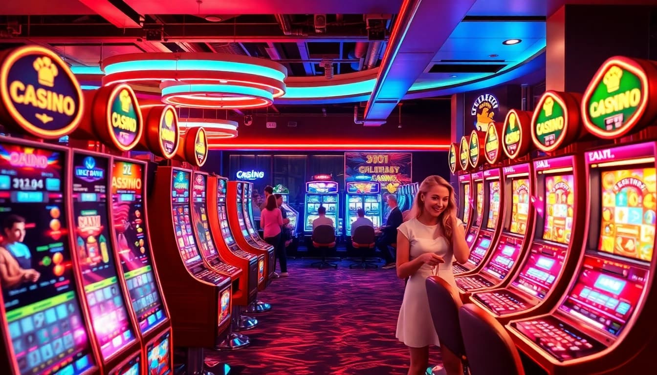 Erlebe aufregende Casino Bonus Angebote mit fröhlichen Spielern und bunten Spielautomaten in einer lebendigen Kulisse.