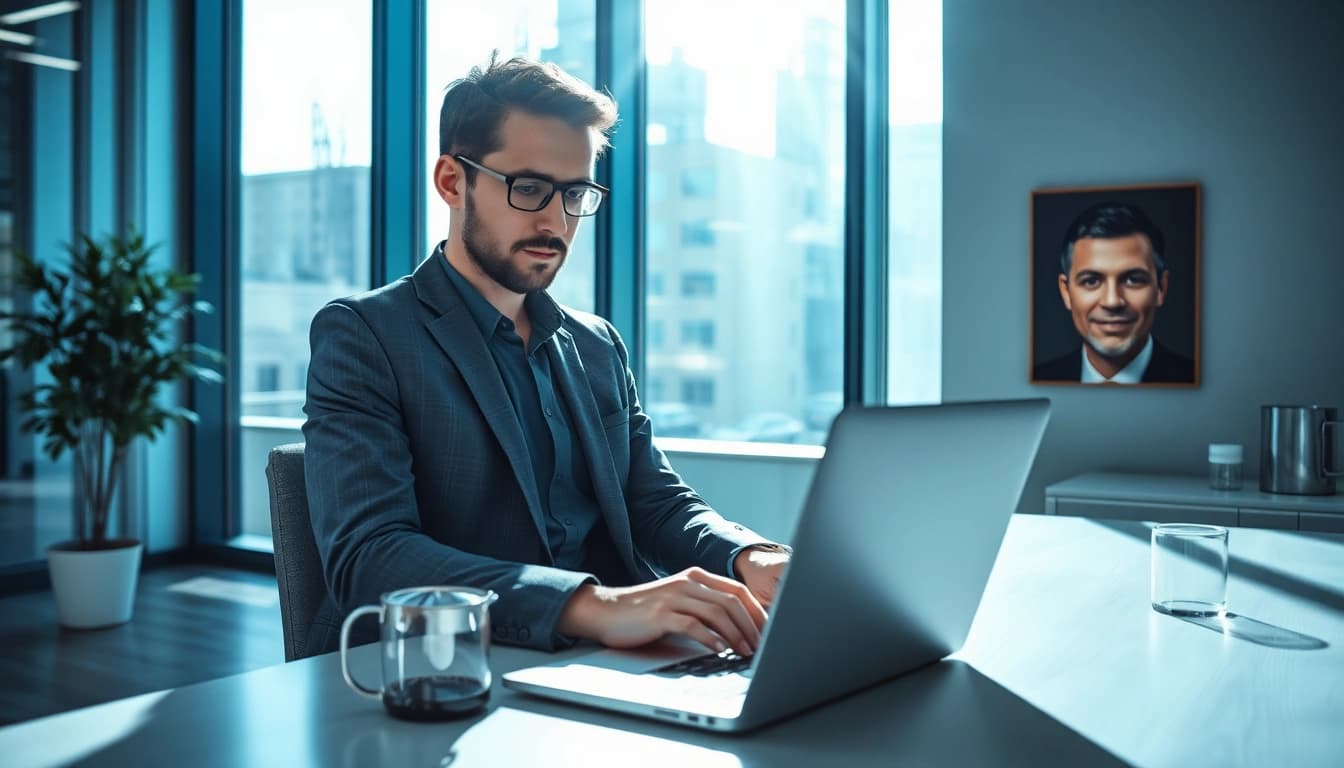 Ein professioneller Headhunter für Sales Manager arbeitet an einem Laptop in einem modernen Büro, umgeben von Vertrauenssymbolen und Notizen.