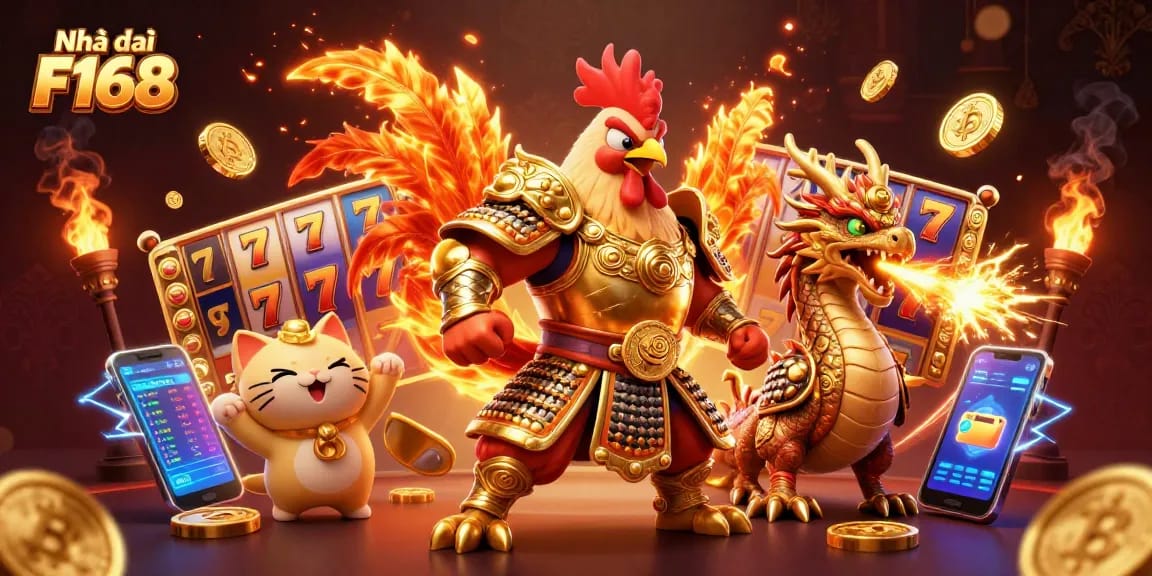 Experience thrilling gaming at Nhà cái F168 with vibrant slot reels and a dynamic 3D scene.