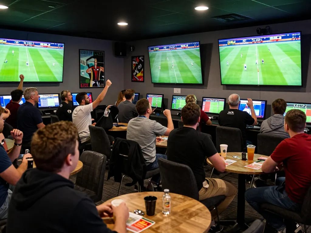 Football betting scene capturing excitement of fans placing wagers on ฟุตบอล matches in a lively sports bar.