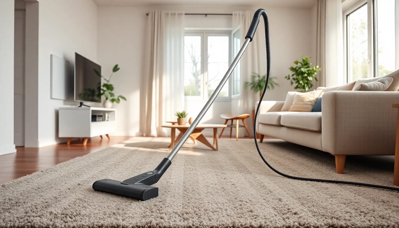 Staubsauger efficiently cleaning a plush carpet in a stylish living room, demonstrating powerful suction capabilities.