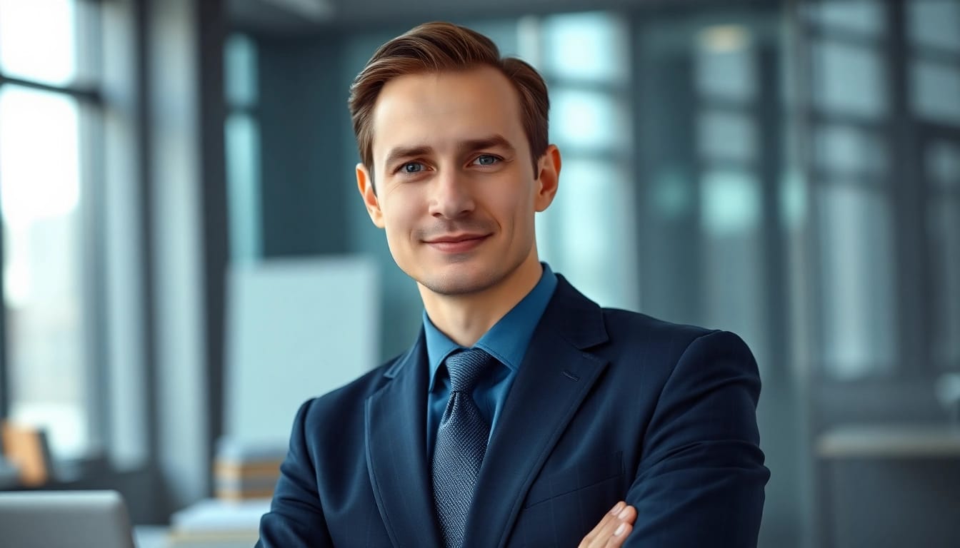 Confident businessperson in a suit showcasing their ai professional headshot against a corporate background.