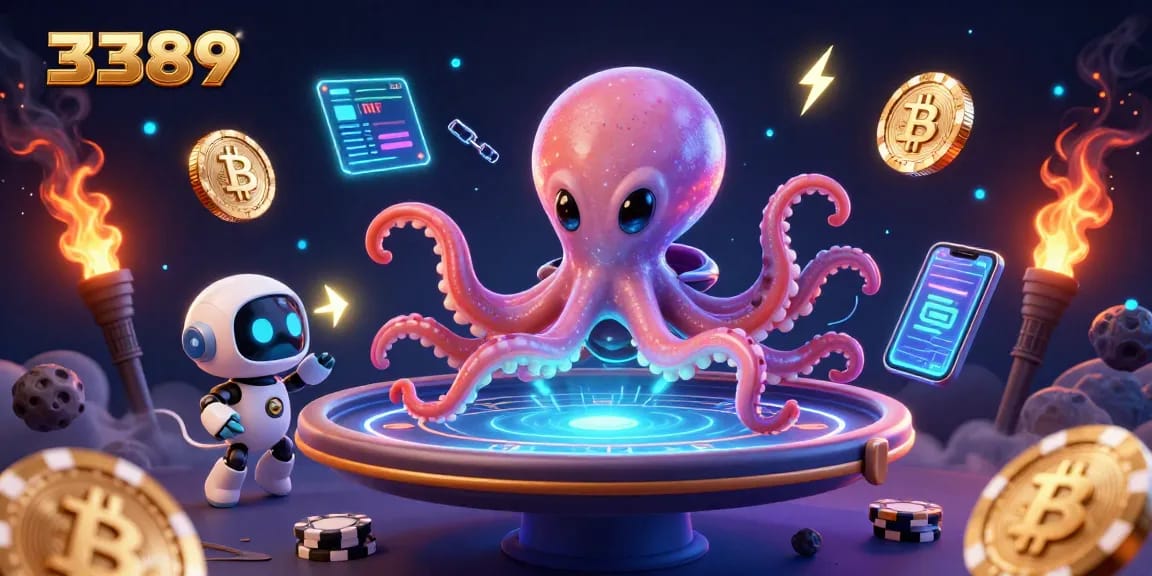 Engage with thrilling poker action at 3389, featuring a futuristic gambling scene with vibrant crypto elements.