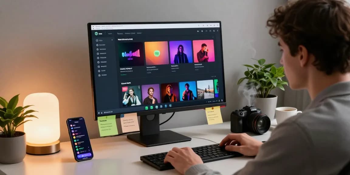 Tech-savvy individual exploring spotify mod APK in a modern workspace with vibrant app interface on display.