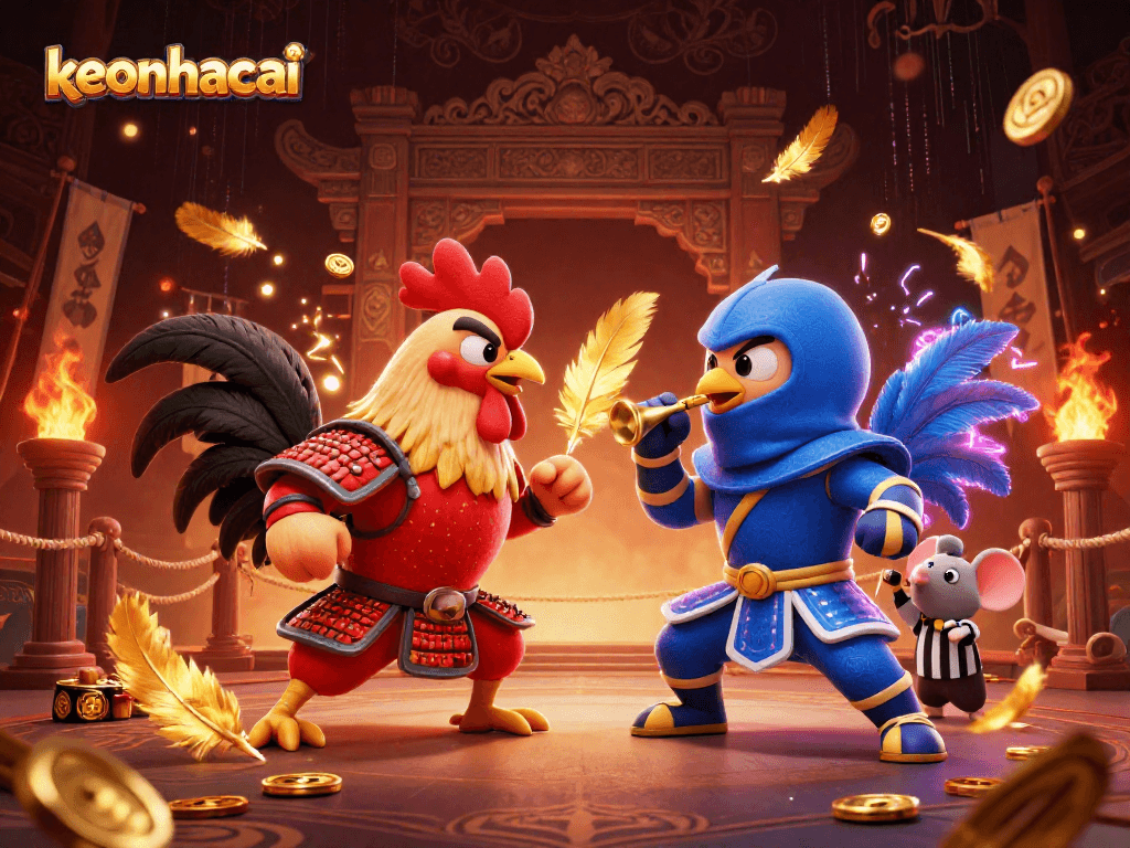 Experience the thrilling standoff of dual roosters in a dynamic keonhacai casino arena.