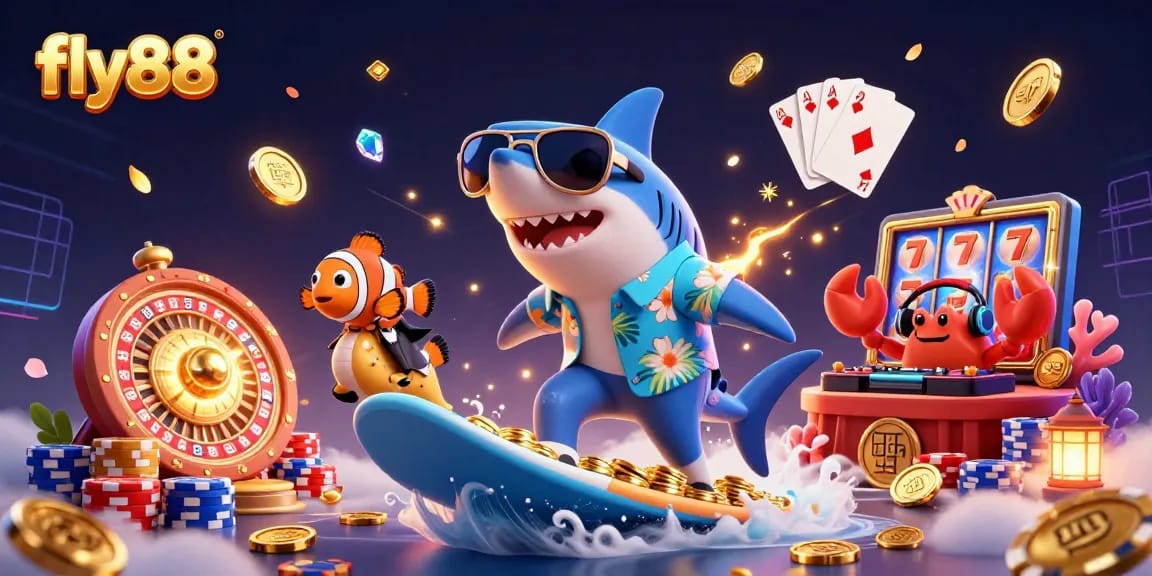 Experience the excitement of fly88 with colorful casino characters and vibrant gaming elements illustrated in a dynamic scene.