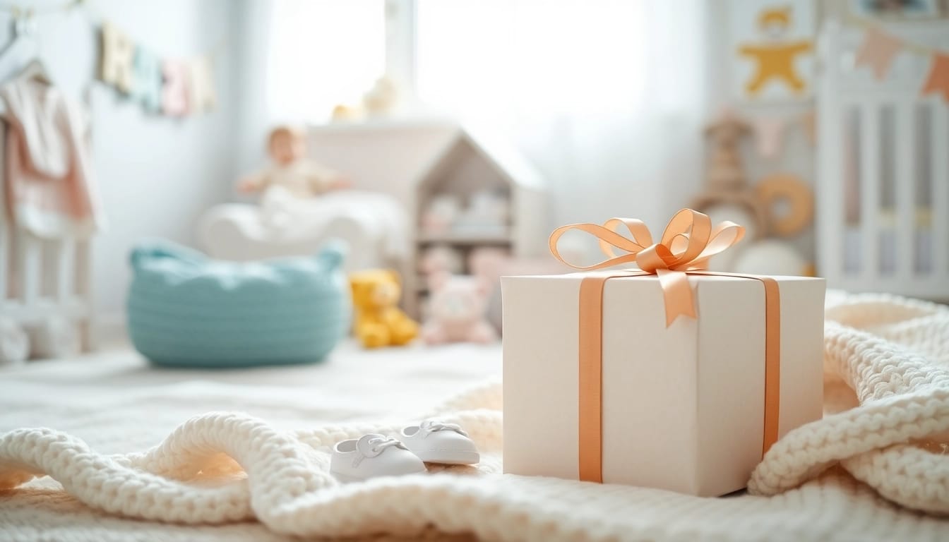 Geschenk zur Geburt in einem liebevoll dekorierten Kinderzimmer mit sanften Farben und beruhigender Stimmung.