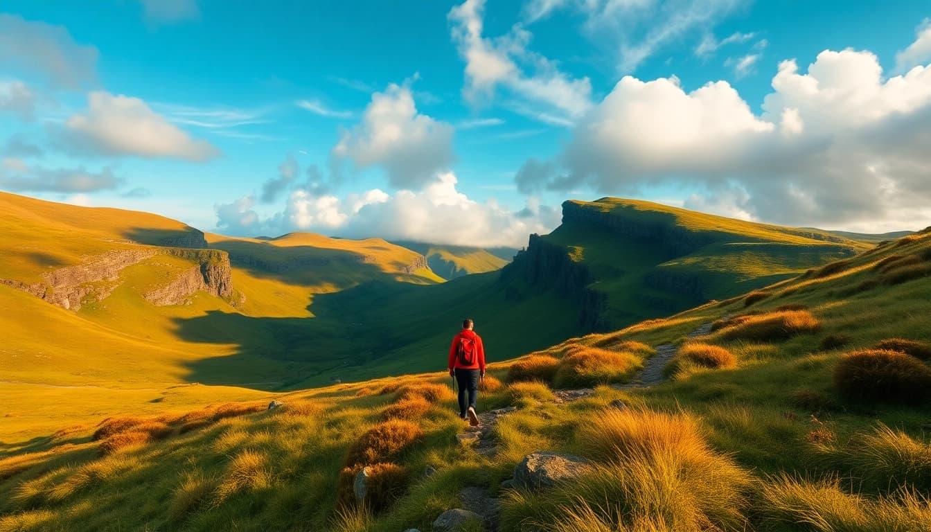Wanderer auf malerischem Pfad in Irland, der die Schönheit von wandern in Irland zeigt.