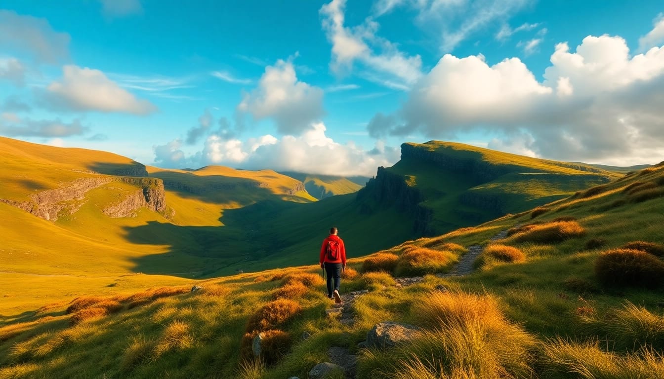 Wanderer auf malerischem Pfad in Irland, der die Schönheit von wandern in Irland zeigt.