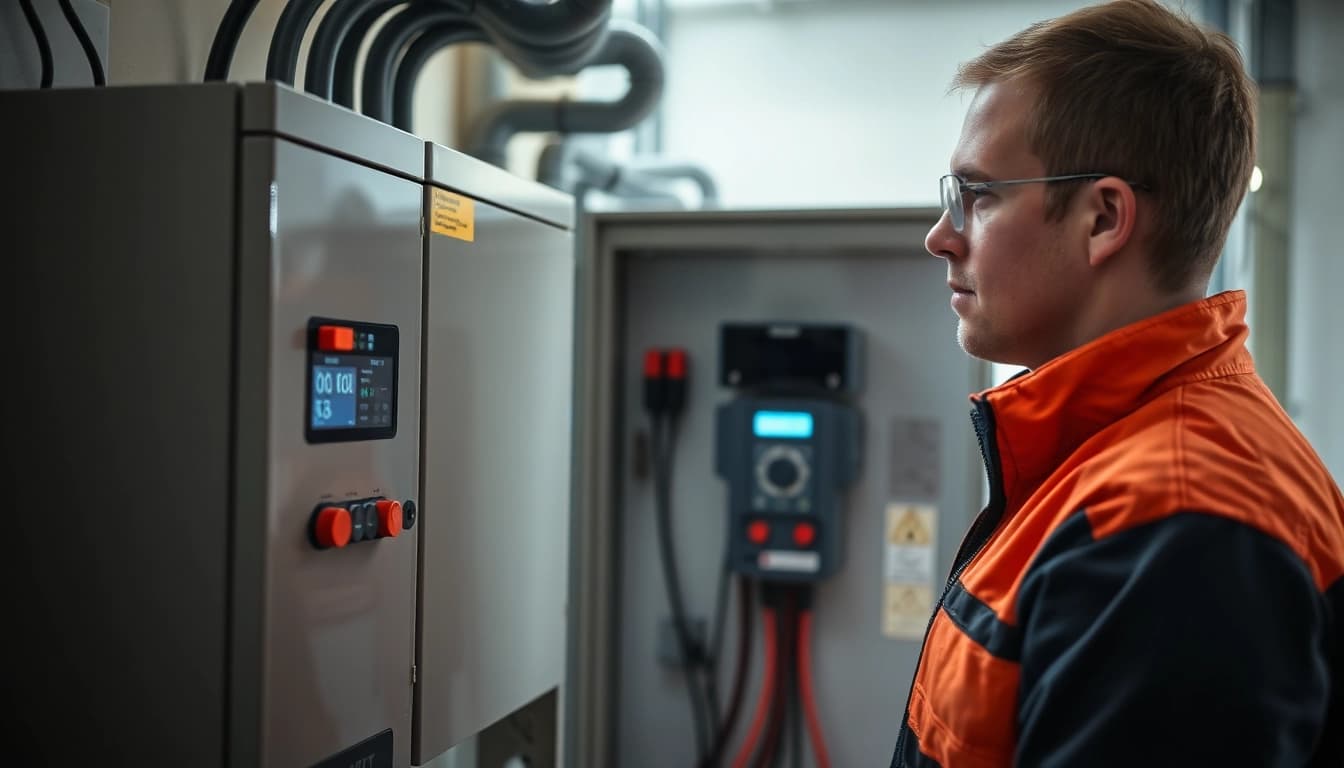 Techniker führt DGUV V3 Prüfung an elektrischer Anlage durch, zeigt Sorgfalt und Sicherheit in der Elektrotechnik.