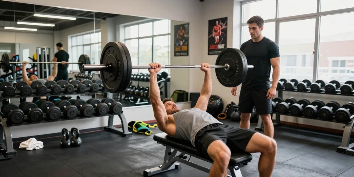 Intensives Training im Utinon Steroids Shop - Bodybuilder beim Bankdrücken mit perfekter Form, umgeben von Fitnessgeräten.
