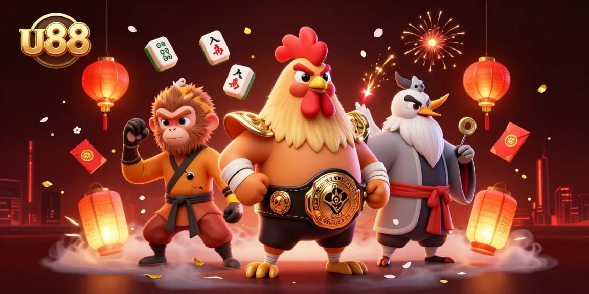 u88 enhances gameplay with a vibrant scene featuring martial artists, floating mahjong tiles, and winning symbols