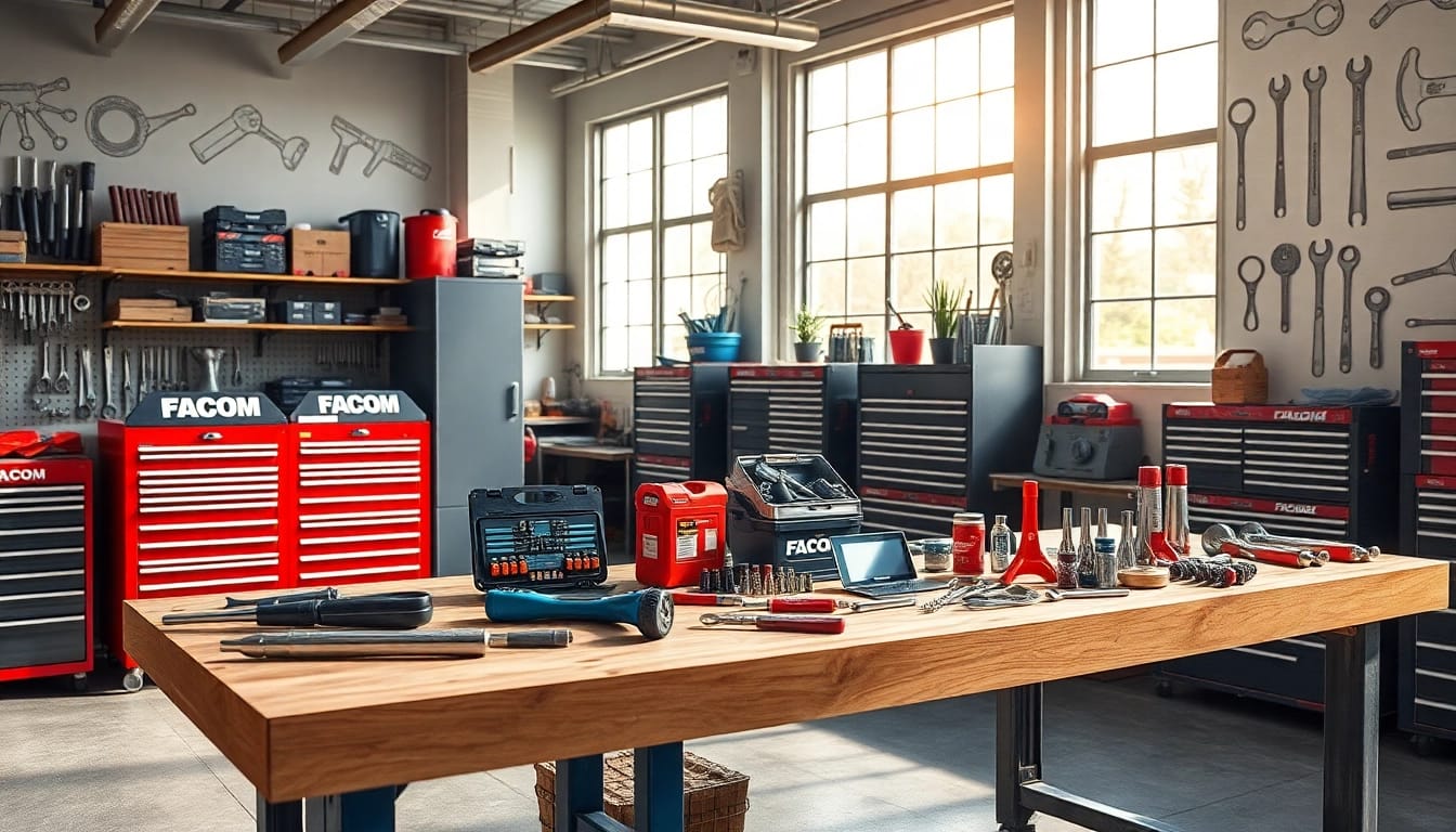 Hochwertige FACOM werkzeuge in einer professionellen Mechanikerwerkstatt ausgestellt.