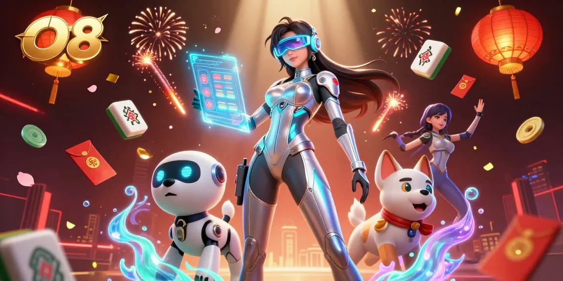 Experience thrilling gameplay with O8 as a stunning woman and a robot dog enjoy a vibrant casino atmosphere.