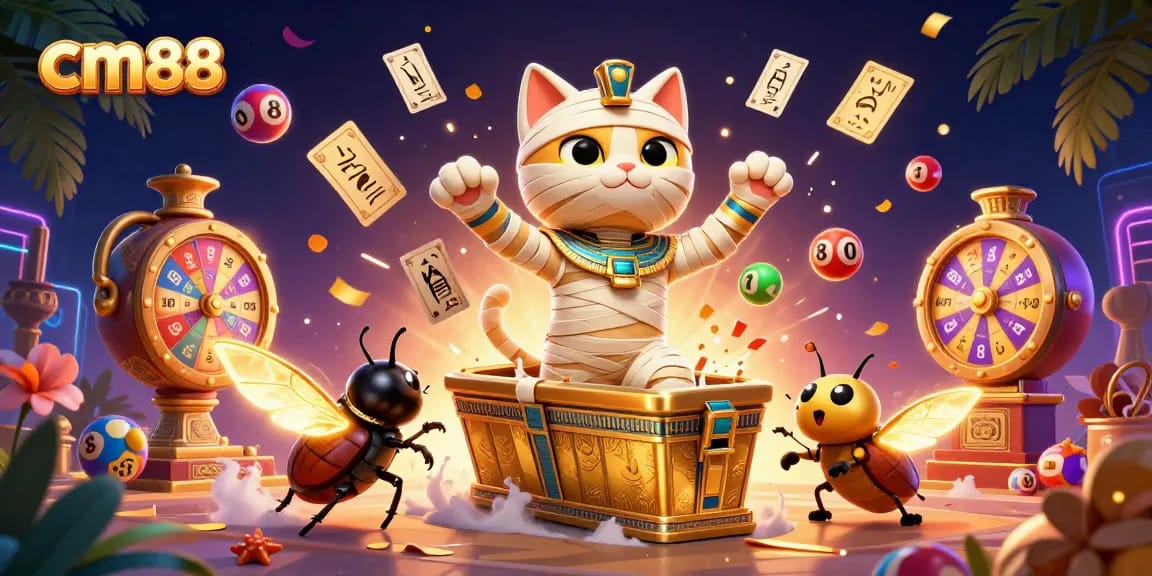 Bet on exciting games with cm88 featuring a 3D mummy cat in a vibrant casino scene.