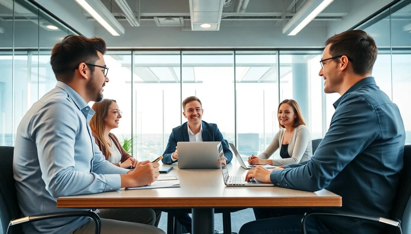 Teammeeting zur Strategieentwicklung, um Vertriebsspezialisten finden zu erleichtern.