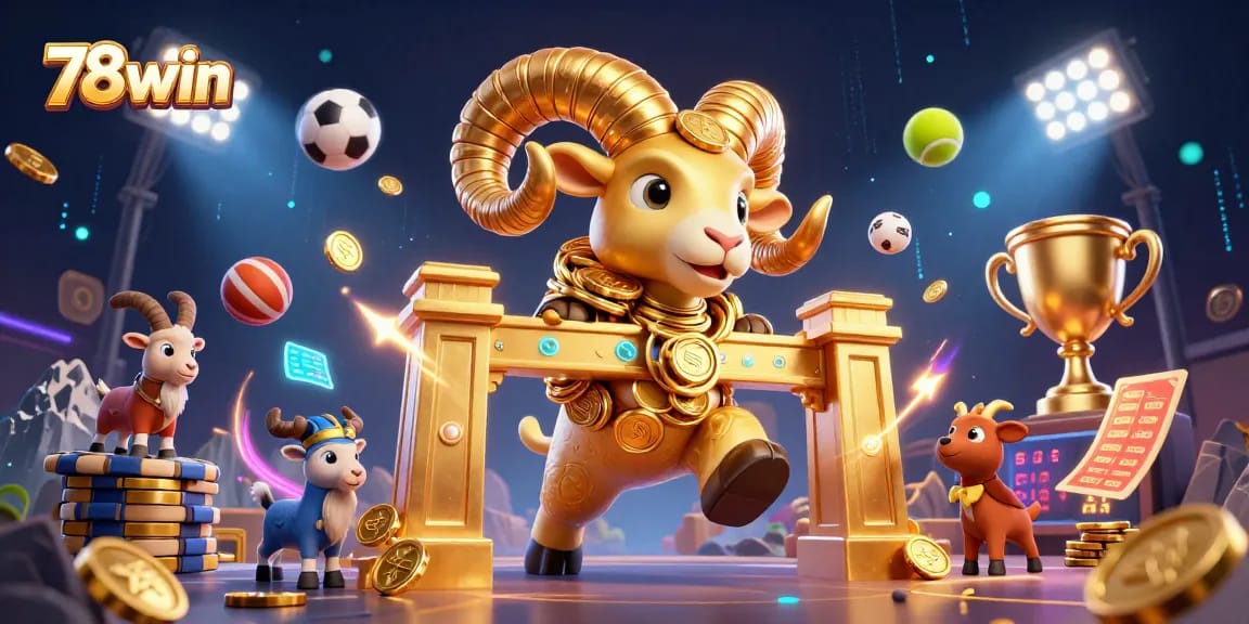 Engaging action at 78win with a golden ram charging through a vibrant casino scene filled with sports and excitement.