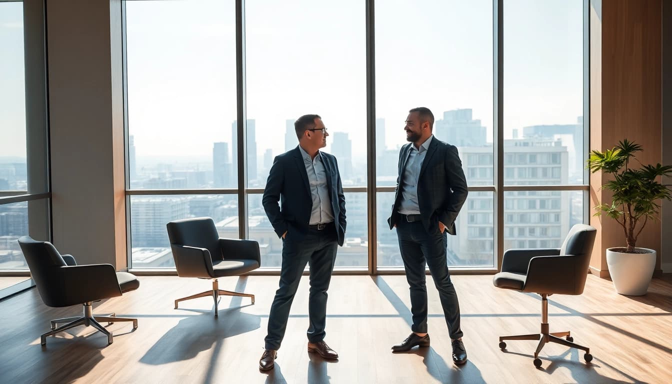 Gestikulierender Headhunter CEO im Gespräch mit einem Kandidaten in modernem Büro.