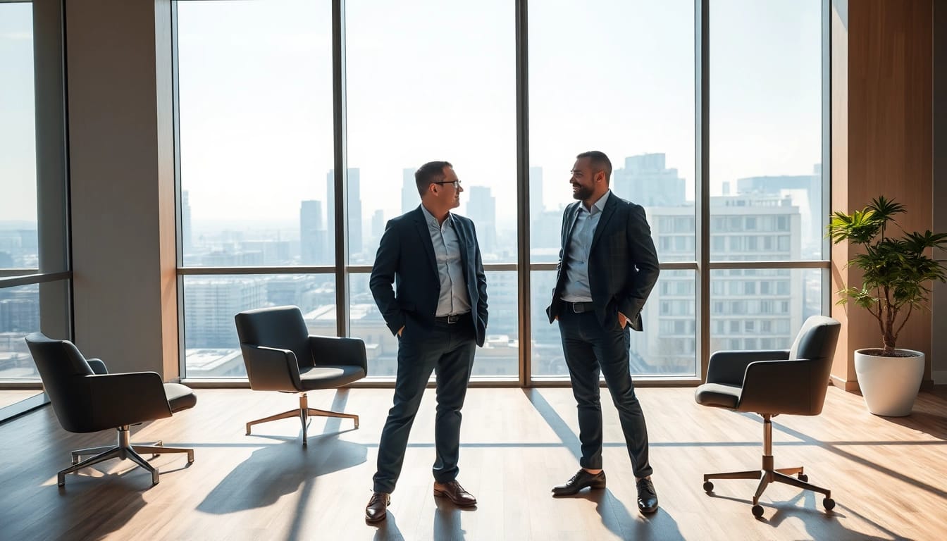 Gestikulierender Headhunter CEO im Gespräch mit einem Kandidaten in modernem Büro.