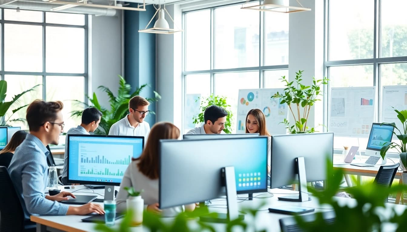 Werbeagentur kreativ arbeitendes Team in modernem Büro mit digitalen Bildschirmen