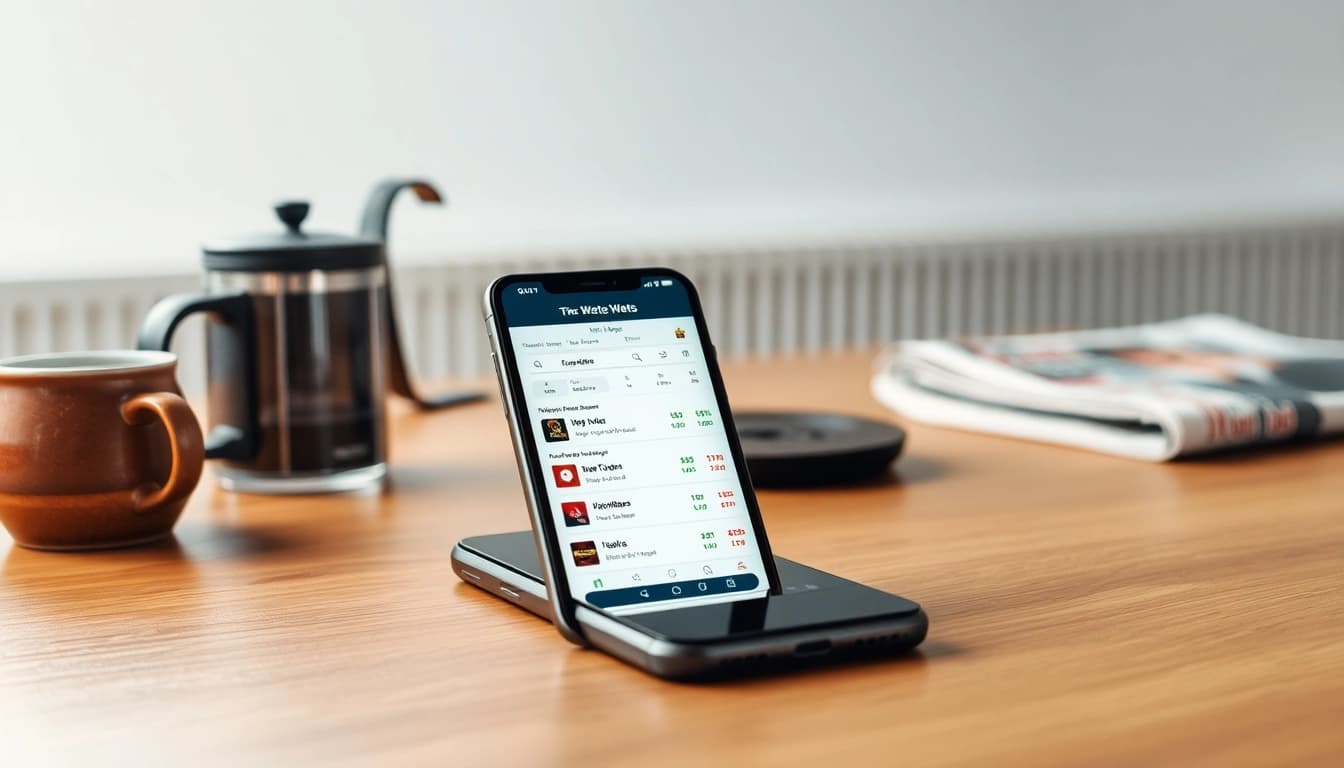Erlebe die besten Wett Apps mit einer modernen Benutzeroberfläche auf einem Smartphone, das auf einem Tisch liegt.