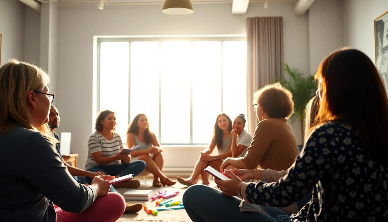 Enhancing emotional wellbeing through active group therapy session with engaging participants.