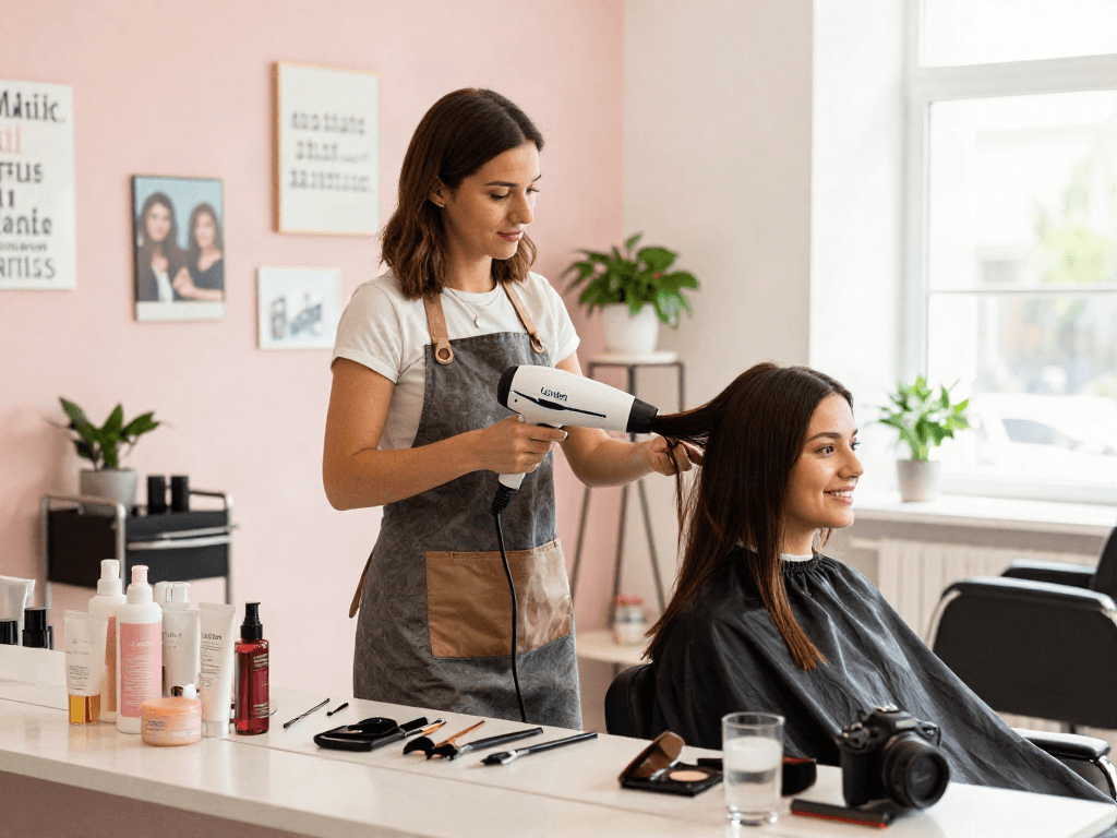 Friseursalon-Szene mit Laifen Mini Haartrockner bei der Haarbehandlung, fröhliche Klientin und stilvolle Umgebung.