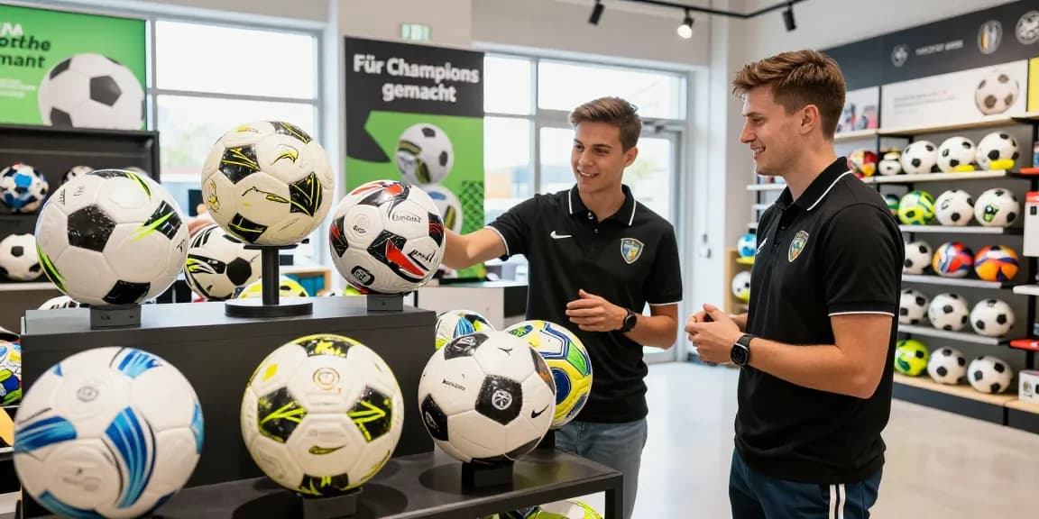 Fußball bestellen in einem Premium-Fußballgeschäft mit farbenfrohen Bällen und freundlichem Personal.