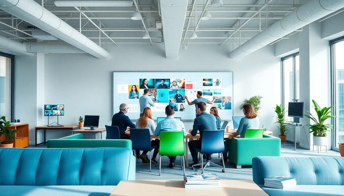 Werbeagentur Brainstorming in einem modernen Büro mit hellen Farben und kreativen Elementen.