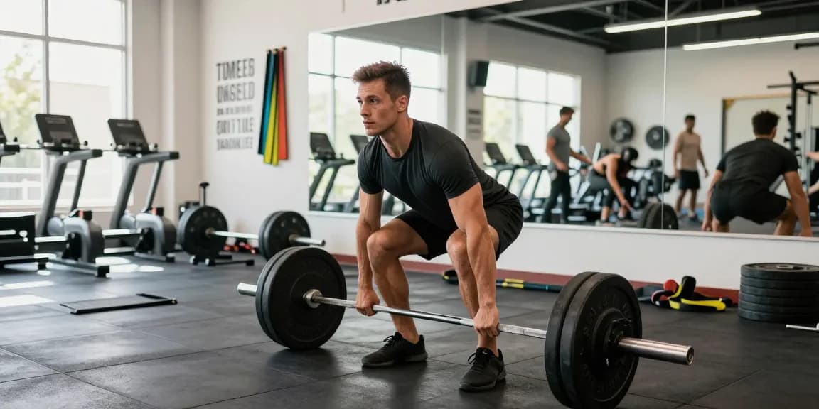 Global Pharma Steroids für Fitness- und Muskelaufbau in modernem Gym, Athlet beim Heben mit konzentriertem Gesichtsausdruck.