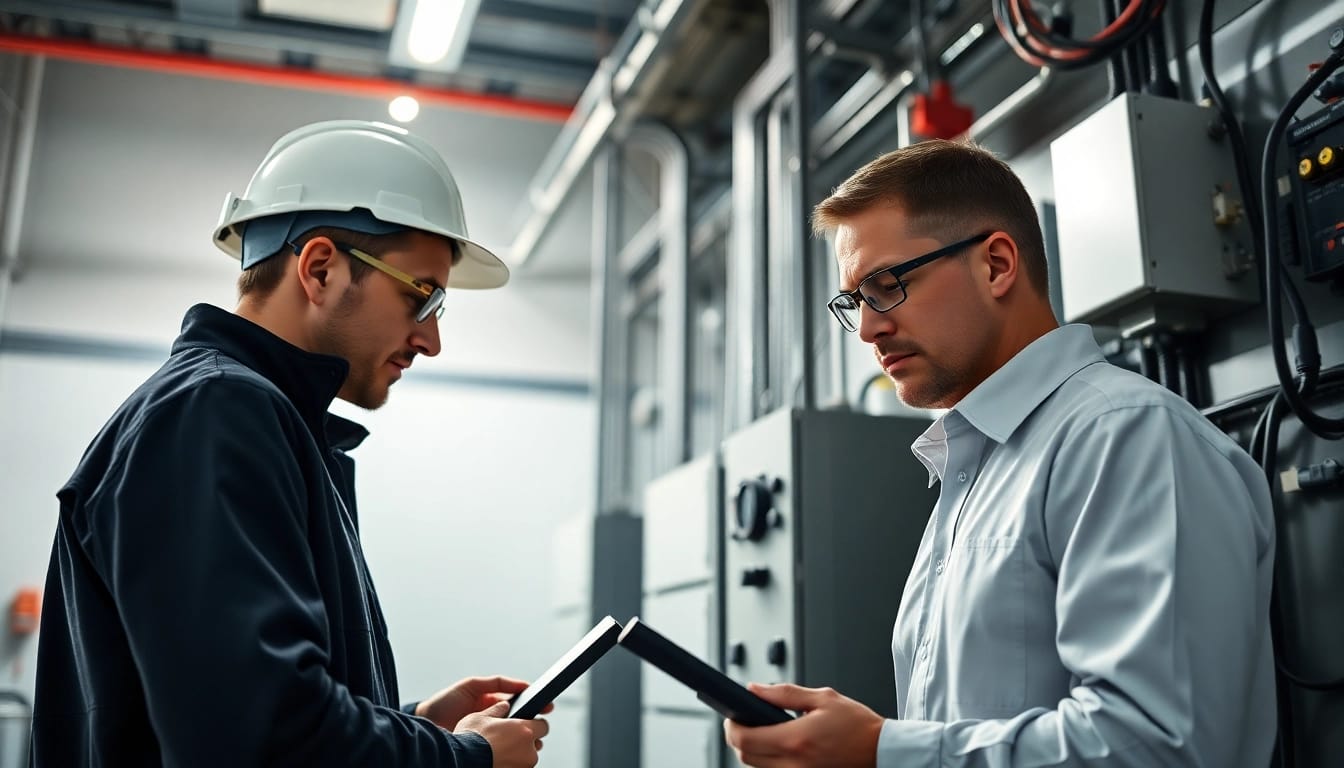 Prüfservice-Experten bei der Inspektion elektrischer Geräte in einem modernen Industrieumfeld.