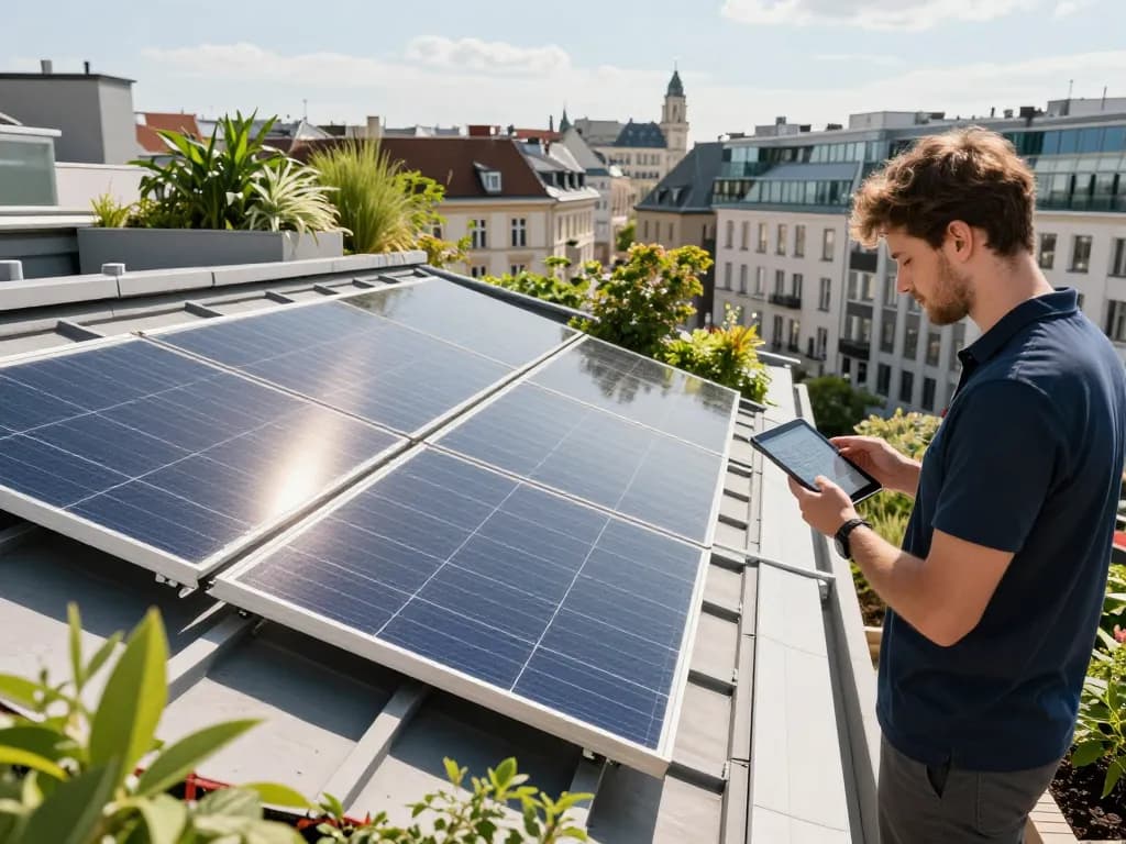 Installation von Solarpanelen in Wohngebieten von Solar Wien, die einen Techniker und einen Hausbesitzer in Wien zeigt.