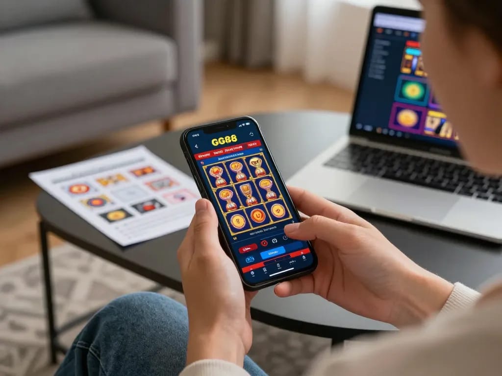 Engaging moment of a player using the GG88 casino app on a smartphone, surrounded by gaming strategy notes.