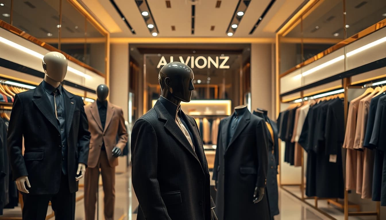Alvionz showcases exclusive luxury fashion collections in a stylish store display.