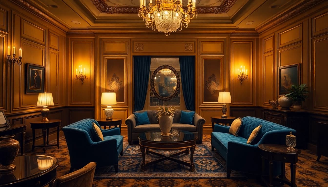 Experience luxury in an elegant room featuring golden decor and soft lighting.