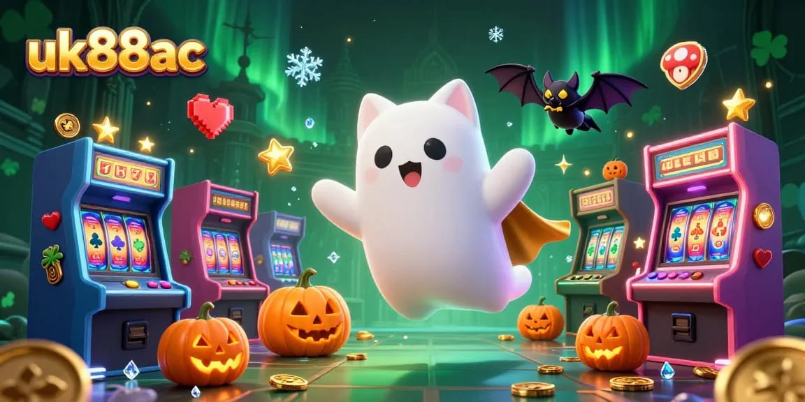 Experience fun gaming at uk88ac with a friendly ghost cat and bat in a haunted casino mansion.