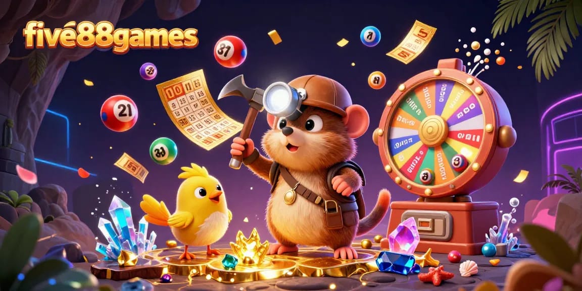 Experience the excitement of five88games as a treasure hunter discovers prizes amidst glowing gems and dynamic lottery elements.