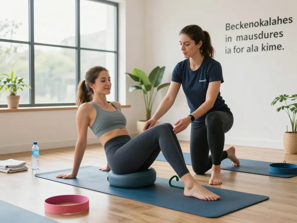 Pelvi-care.de pelvic health therapy session with effective Beckenbodenmuskeltrainer and fitness instructor guiding exercises.