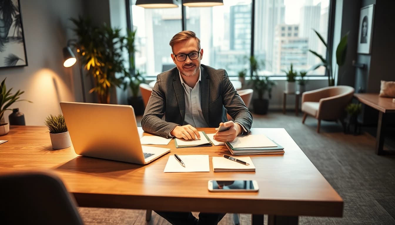 Professioneller Headhunter Köln am modernen Schreibtisch, umgeben von stilvollem Büro-Setup.