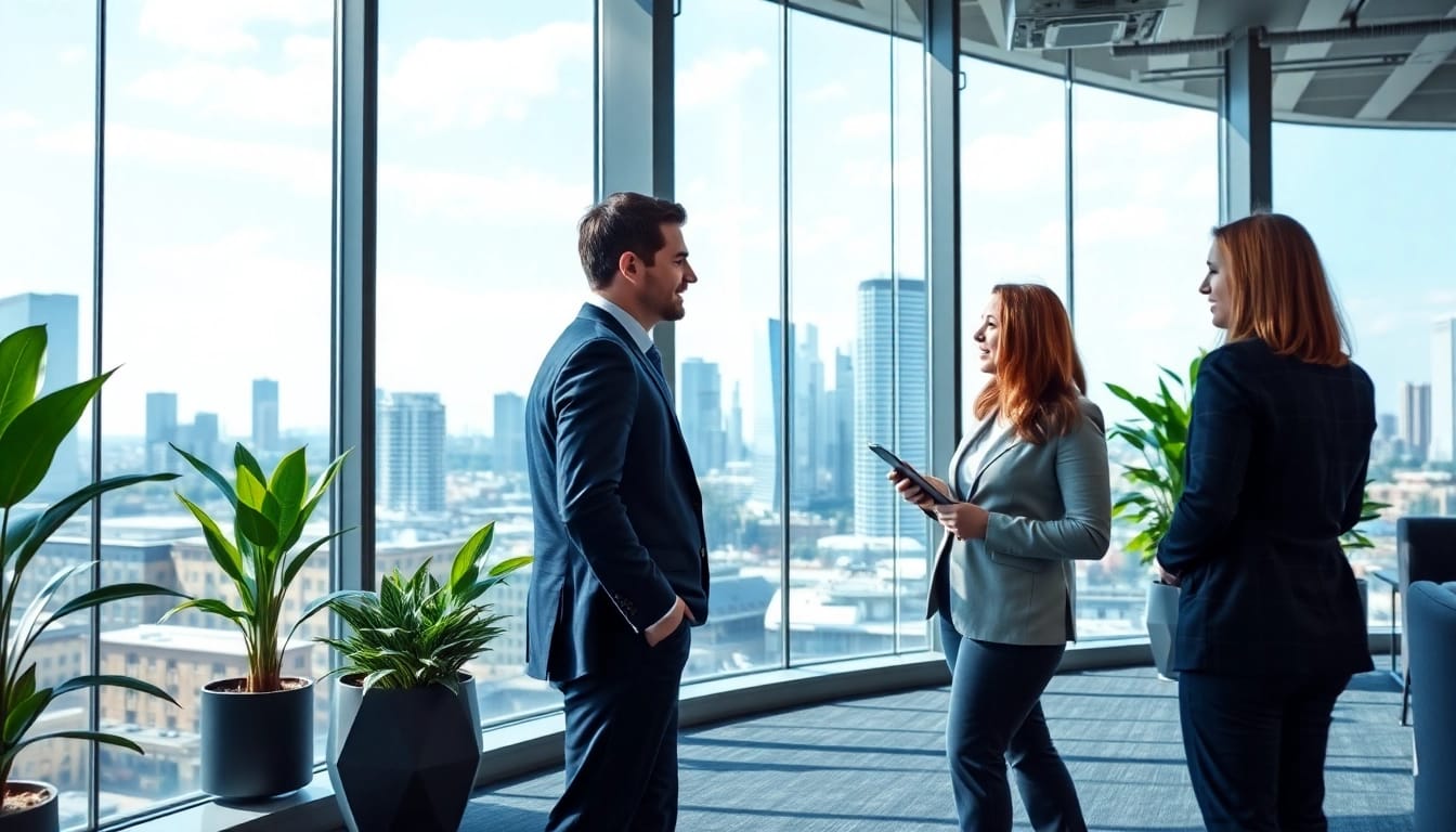 Professionals collaborating in an office, symbolizing Headhunter Frankfurt services.